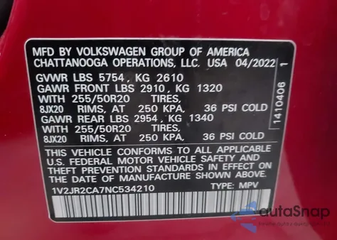 2022 Volkswagen Atlas 3.6L V6 Se W/Technology z USA, uszkodzony, nr VIN 1V2JR2CA7NC534210